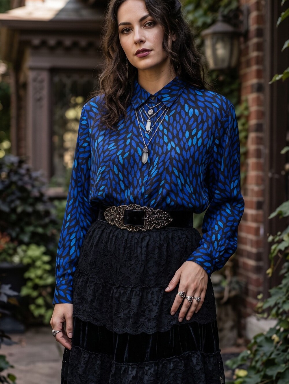 Vintage Cobalt Blue Jacquard Silky Blouse Dark Romance Whimsigoth Retro 80s Top